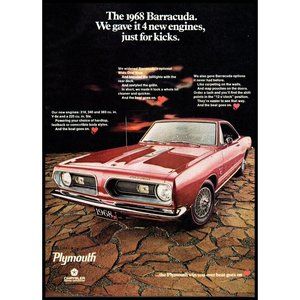 1968 Plymouth Barracuda Coupe Vintage Print Ad Front Grill Man Cave Wall Art